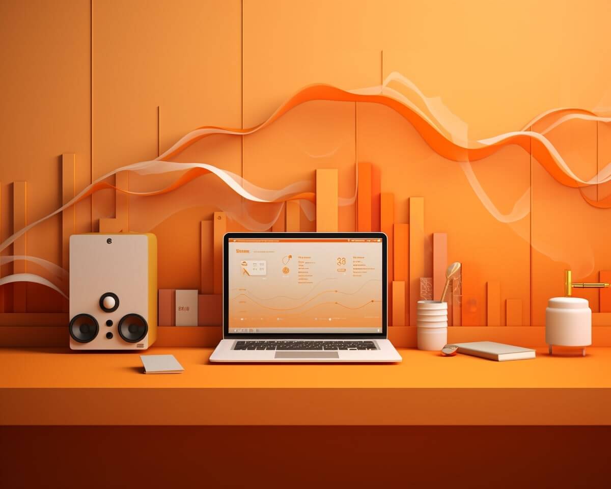 A laptop on a desk with an orange background, ideal for data science marketing.
