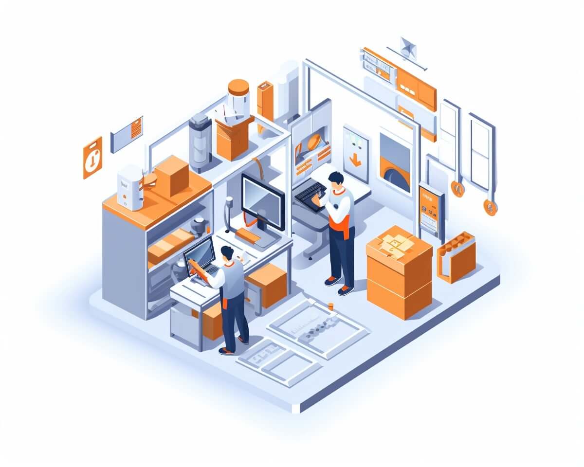 An isometric image of a factory with data scientists working on analytics.