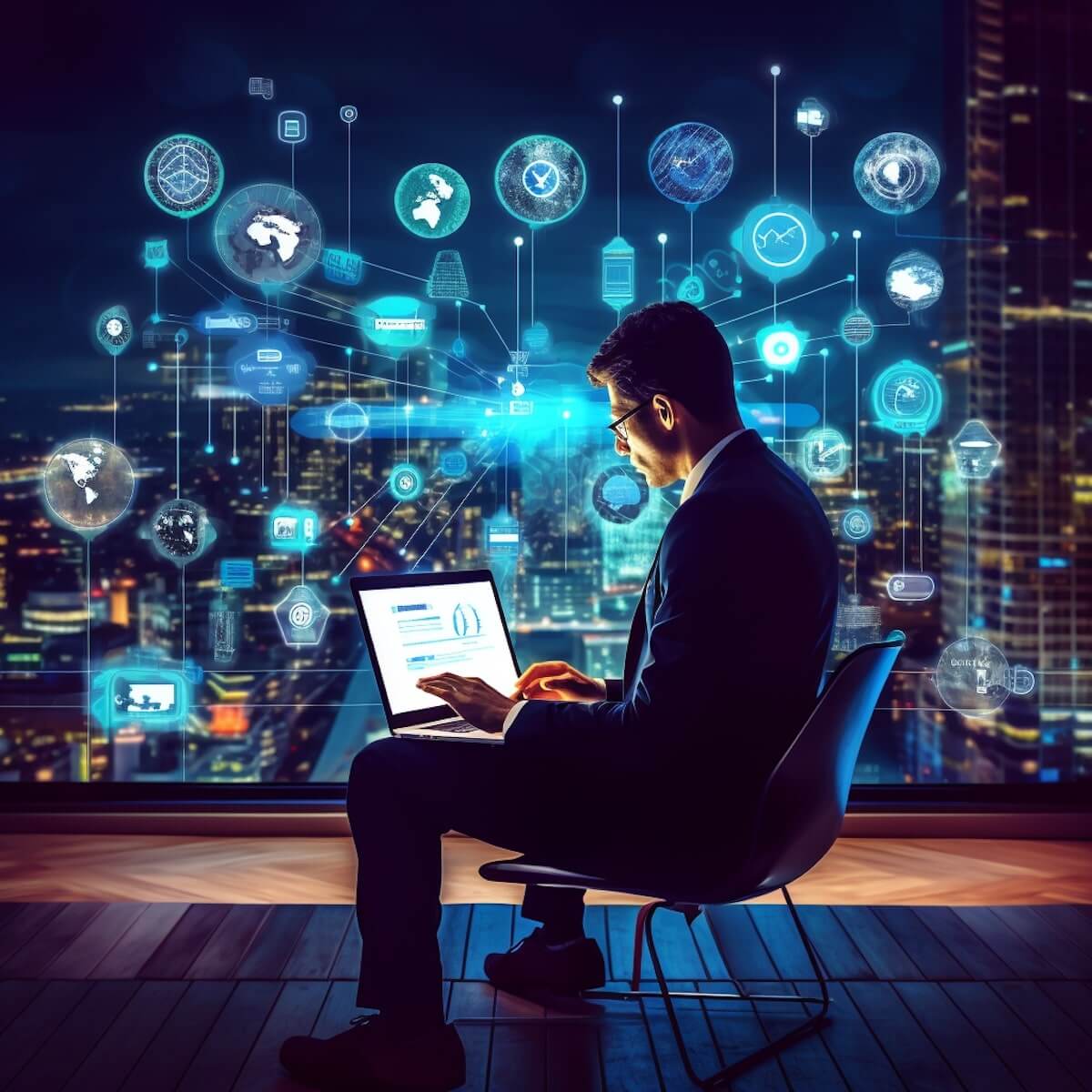 A businessman leveraging digital transformation at night in front of a city.