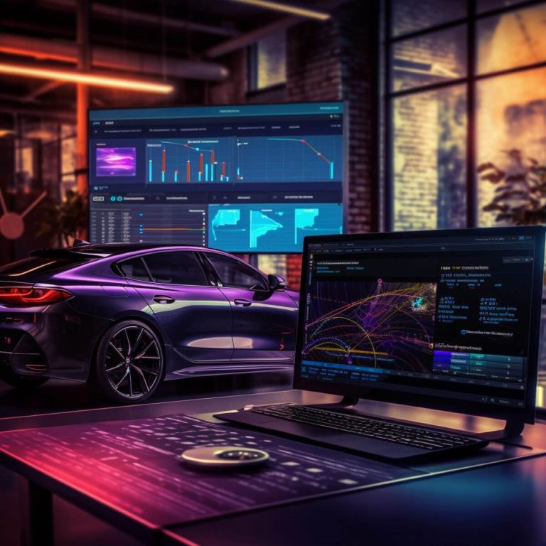 Automotive Business Intelligence showcased as a BMW i8 is displayed in a dark room alongside a monitor.