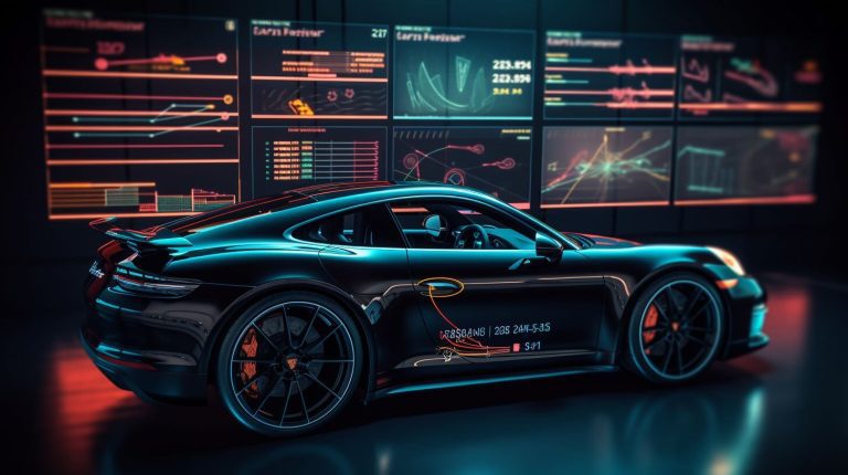 A Porsche 911 GTS showcased alongside a computer screen, highlighting the integration of Business Intelligence in the automotive industry.