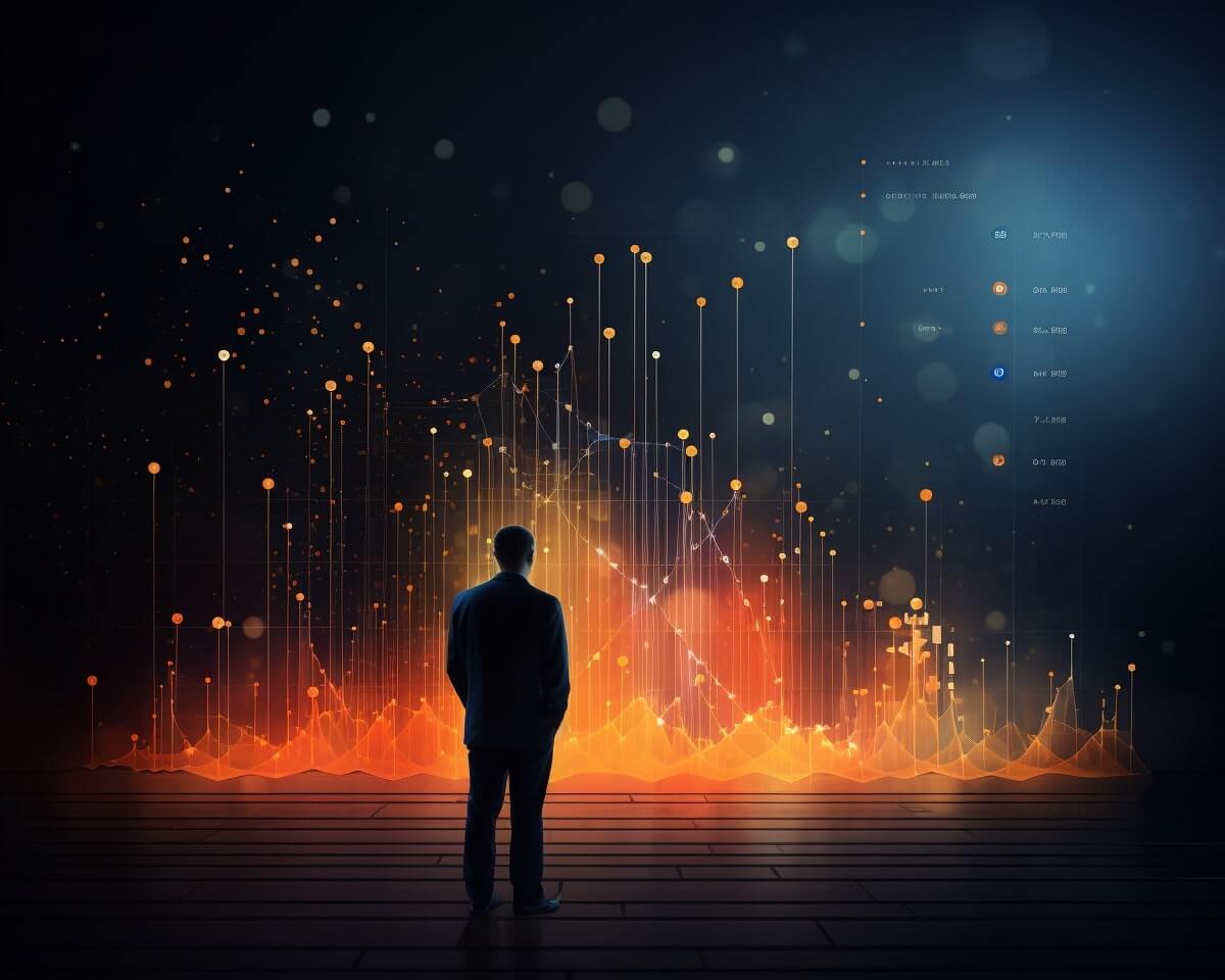 A Data analytics businessman is standing in front of a glowing background.