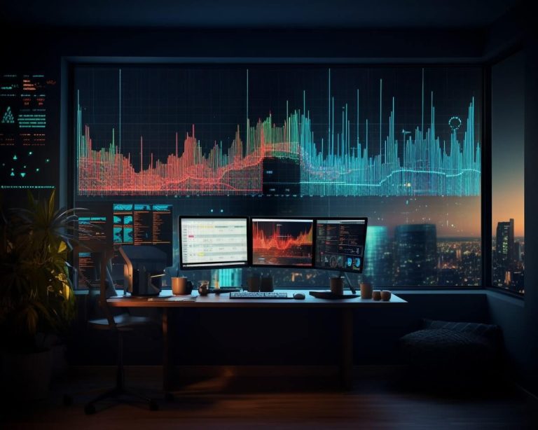 A desk with two monitors showcasing real-time prescriptive analytics and a stunning city view.