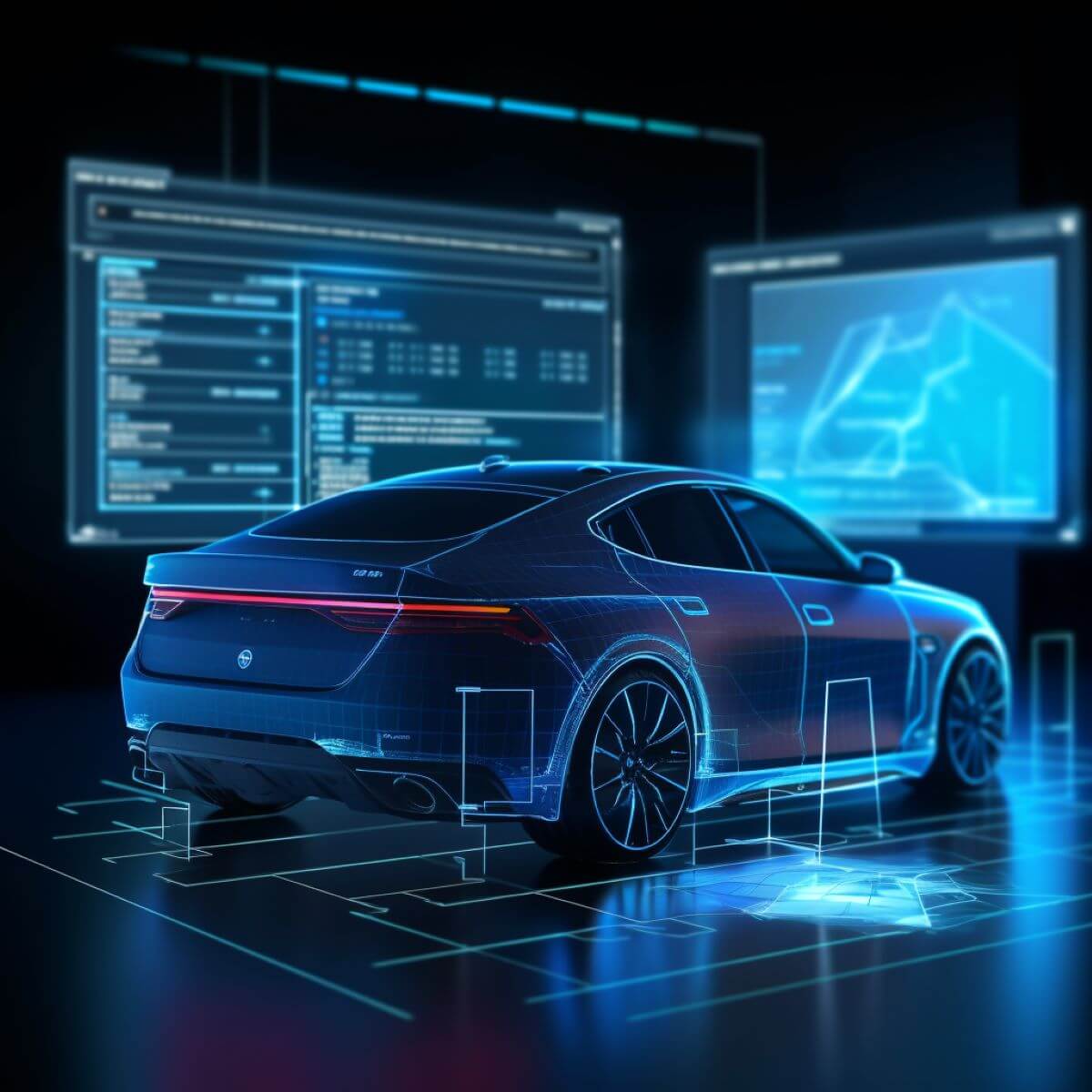 A futuristic car is showcased alongside a computer screen displaying automotive business intelligence.