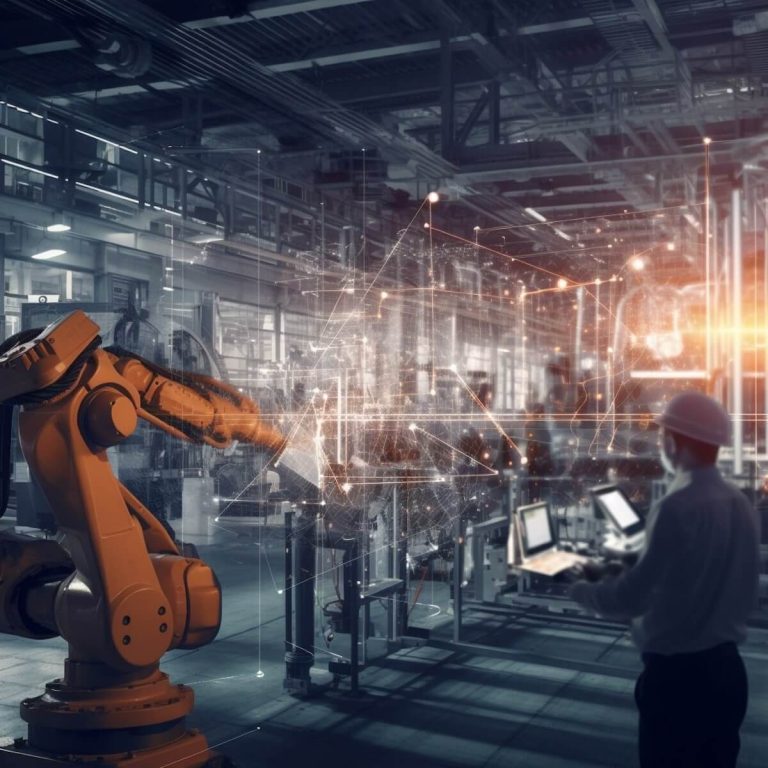A man is collaborating with a robot in a manufacturing facility.