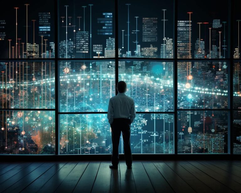 A man employing prescriptive analytics looks out of a window at a city during the night.
