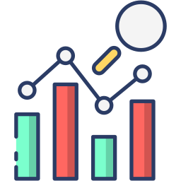 An icon representing business analytics with a magnifying glass over a bar chart.