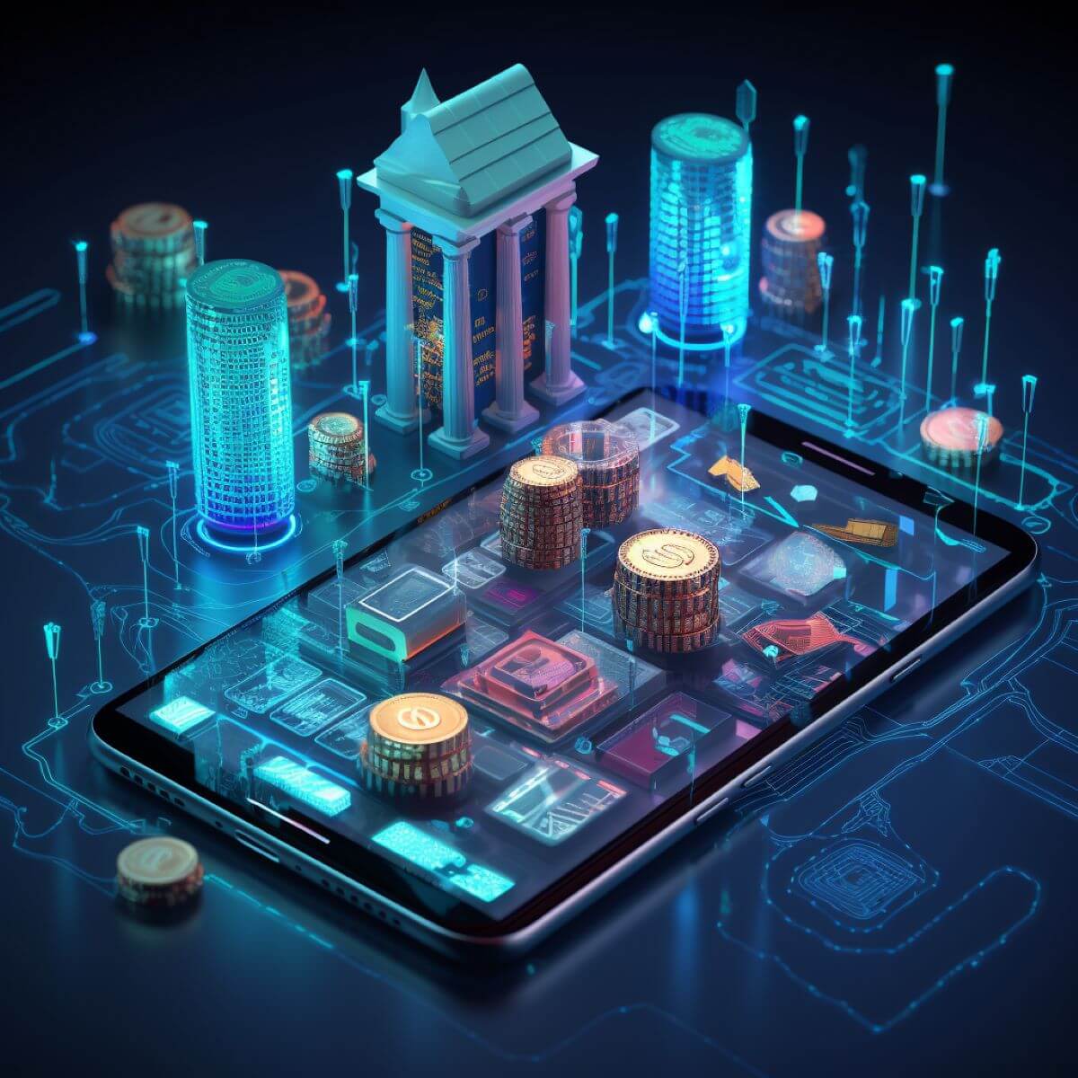 A smartphone featuring coins and buildings showcasing business intelligence for credit unions