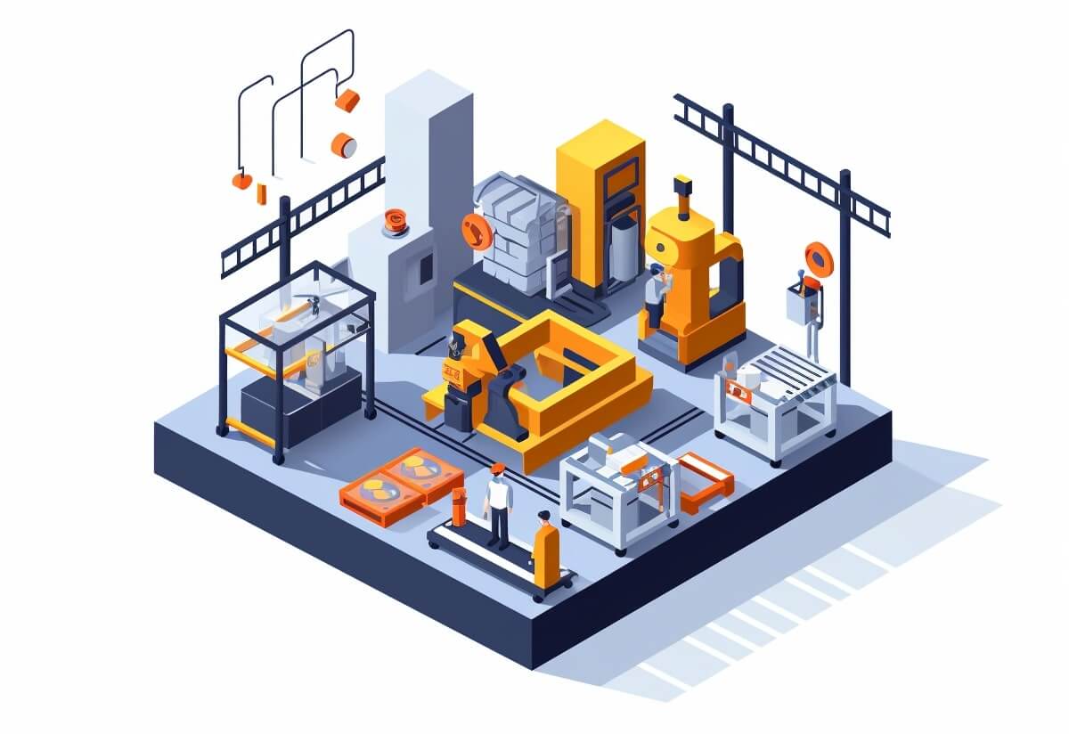 An isometric illustration of a factory with AI-powered root cause analysis.