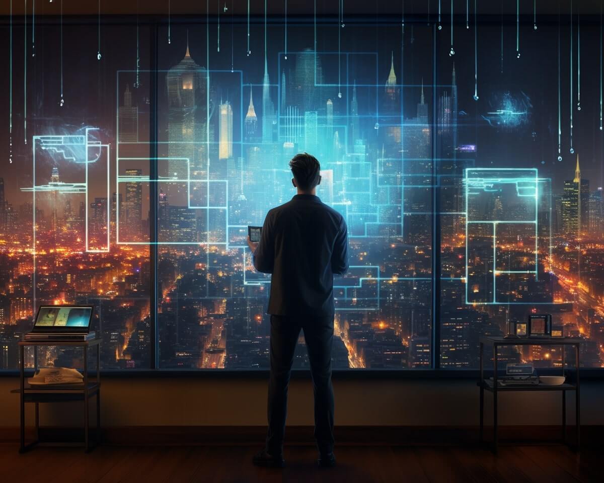 A Business Data Professional looking out of a window at a futuristic city.