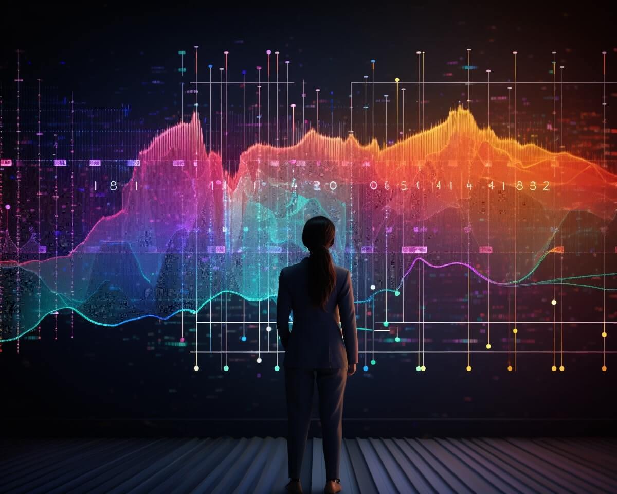 A woman is standing in front of a colorful graph illustrating predictive analytics