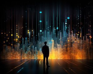A man is standing in front of a futuristic city, highlighting the contrast between classification and clustering.