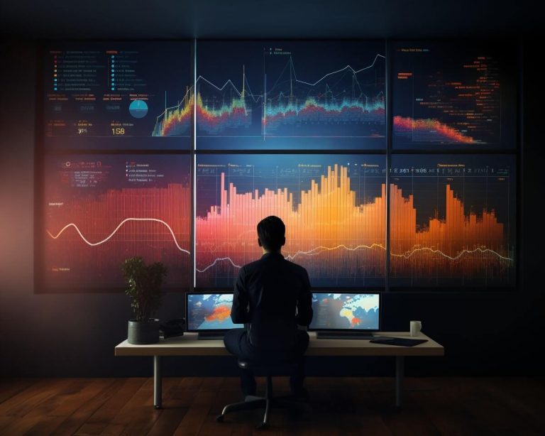 A man sitting at his desk in front of a large screen with data graphs on it.