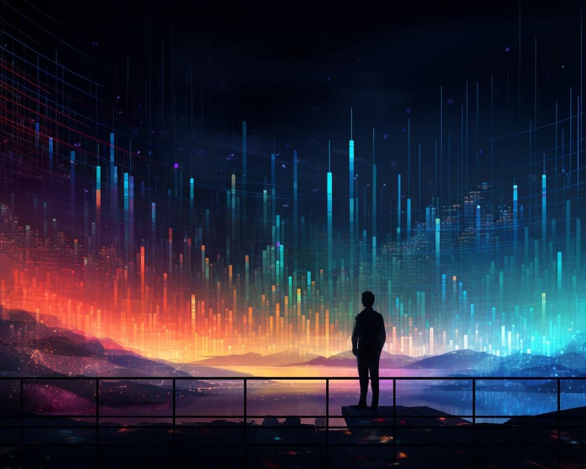 A man is standing on a bridge observing a vibrant night sky.