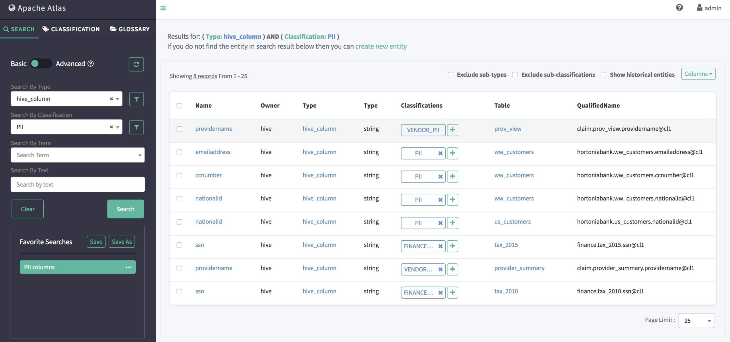 A screen shot of the open-source data catalog platform Apache Atlas dashboard 