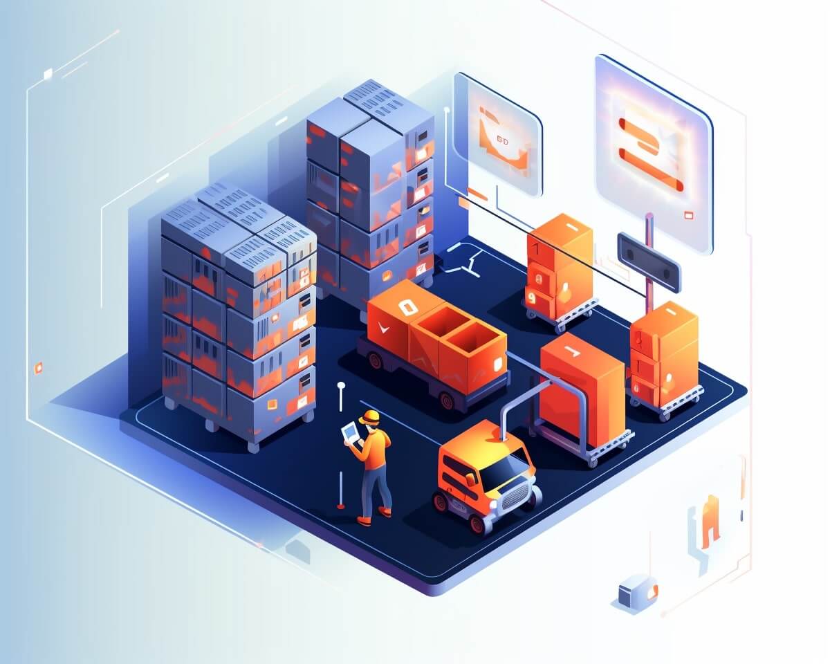 An isometric illustration of a warehouse showcasing the implementation of Data Science in Supply Chain Management.