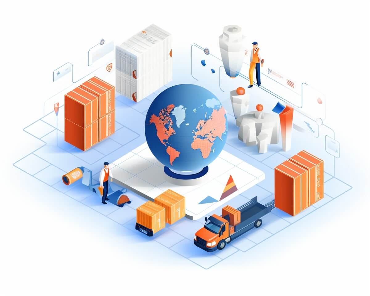 Isometric illustration of a world map with people and a truck highlighting the role of Data Science in Supply Chain Management.