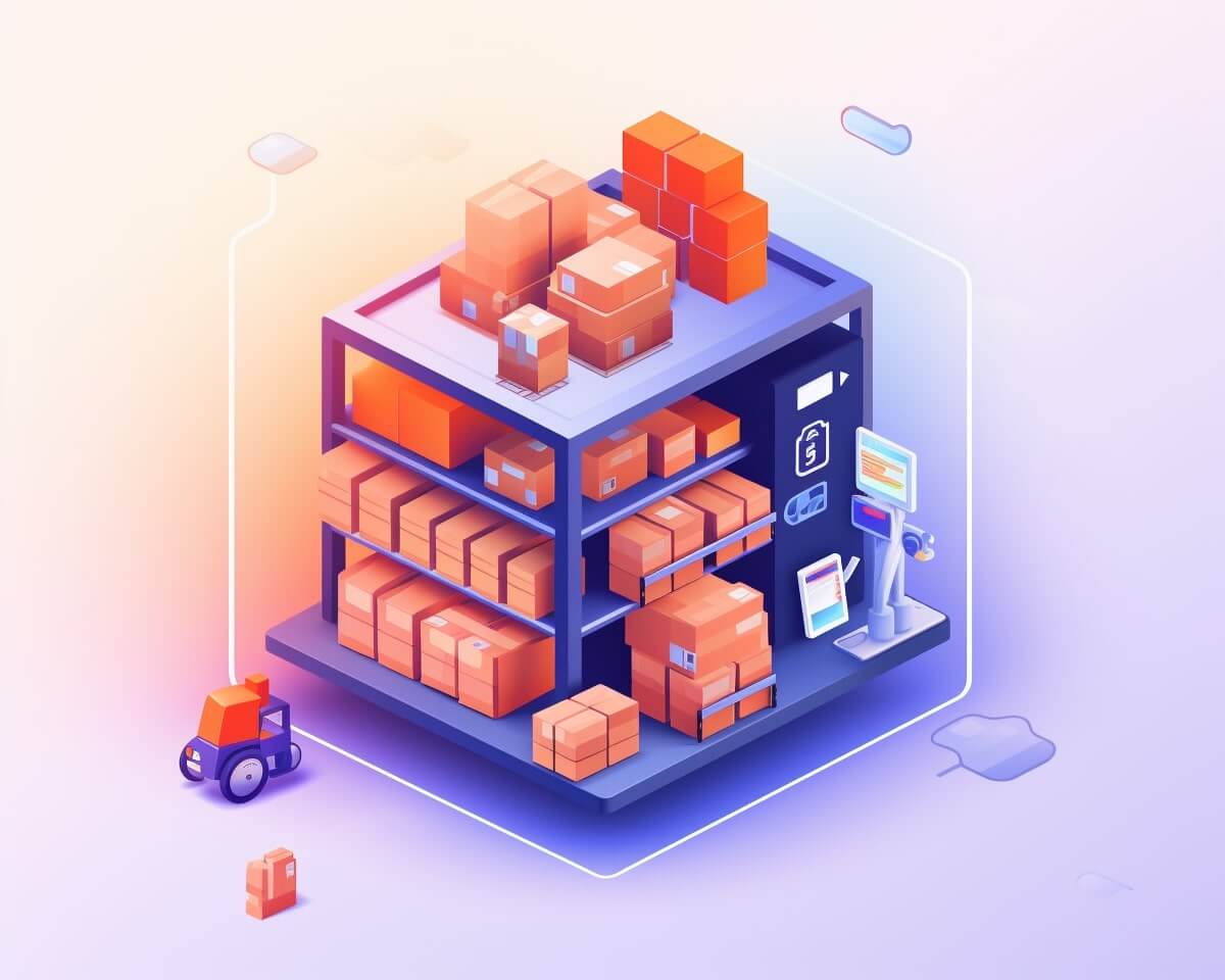 An isometric illustration of a warehouse with boxes, showcasing retail data analytics for business intelligence in the retail sector.