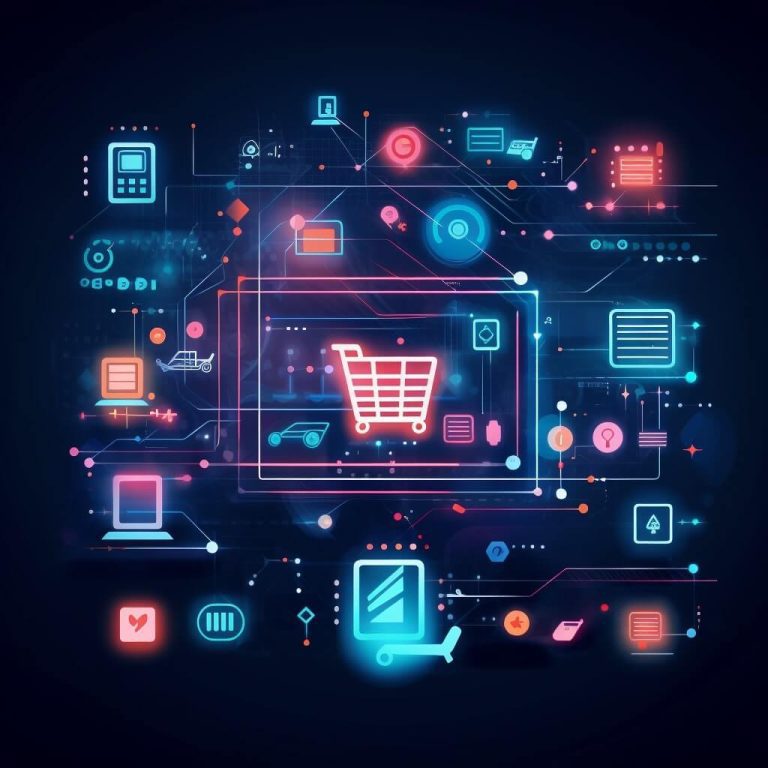A shopping cart surrounded by neon lights and icons, showcasing retail data analytics.