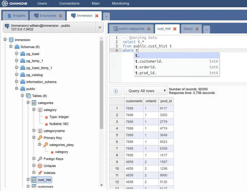 A screen shot of OmniDB GUI showing different types of PostgreSQL data.