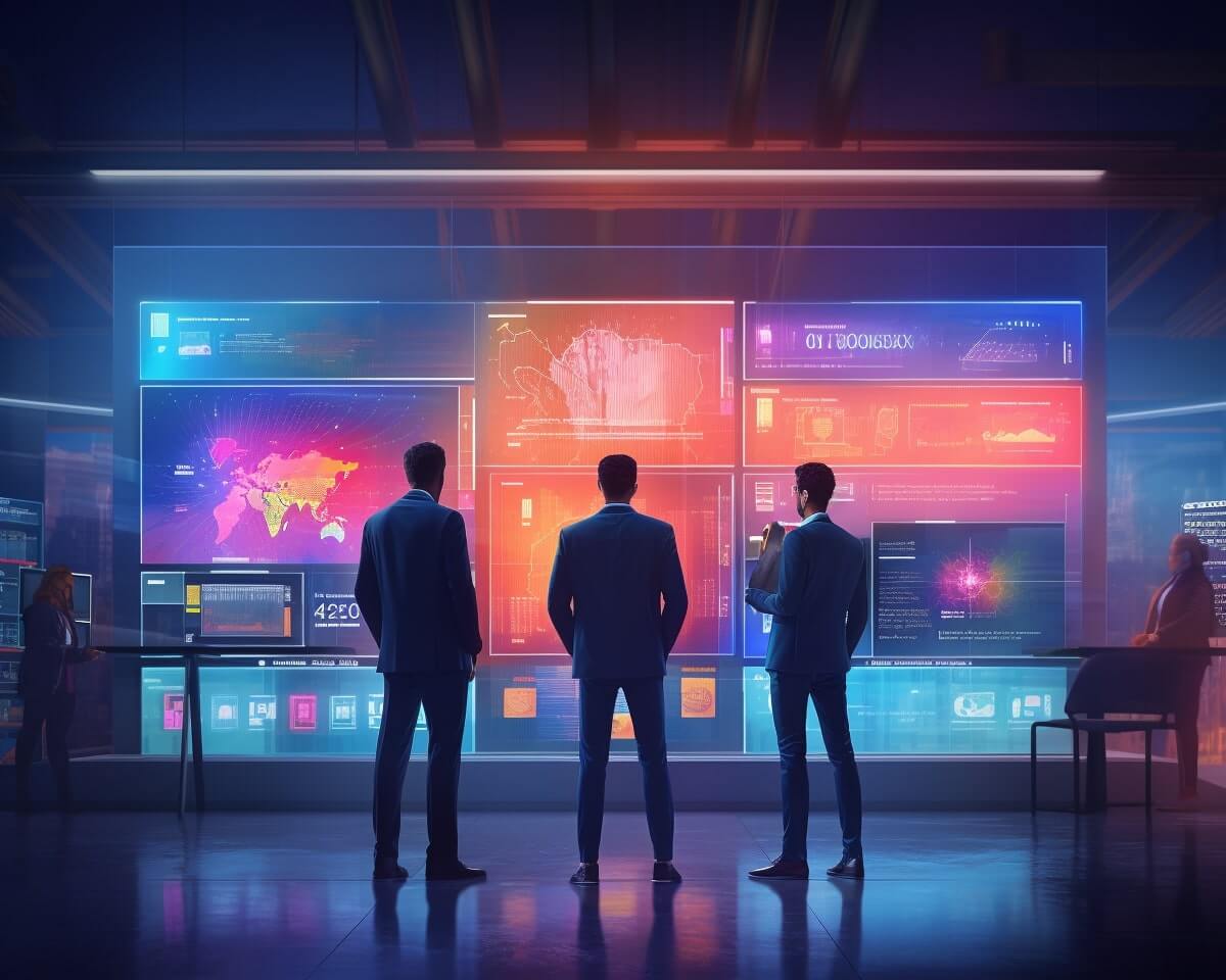 Three businessmen standing in front of a computer screen discussing data strategy.