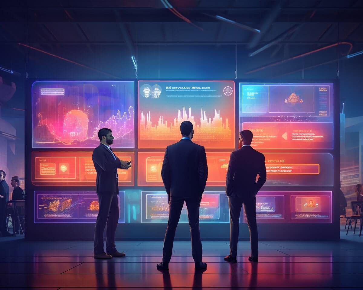 A group of businessmen strategizing with data on a large screen in a dark room.